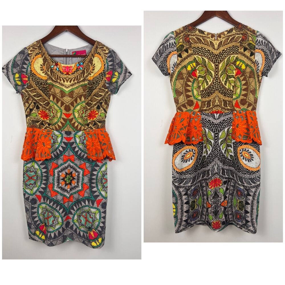 Hemant & Nandita Embroidered SZ 2 Peplum Dress Boho Artsy Multicolor - Picture 6 of 13